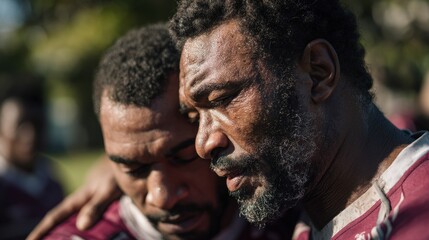 Close up of Two Sweaty Men Consoling Each Other Outdoors
