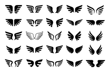 Collection of Diverse Wing Icons and Symbols in Black and White