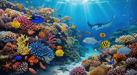 Vibrant marine ecosystem showcases a thriving coral reef habitat with diverse fauna and marine life