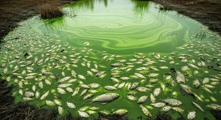Ecological disaster: a pond filled with dead fish floating in murky green water caused by pollution