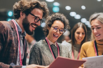 A group of colleagues review a conference schedule together They point at the program booklet The mood feels collaborative and excited, Generative AI