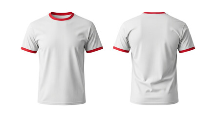 Front and back view of a blank white t-shirt with red trim around the collar and sleeves, isolated on a white background.