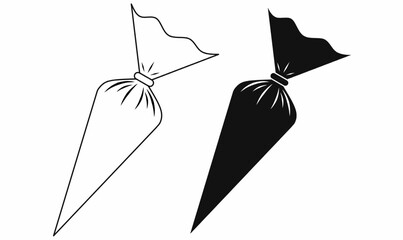 Vector icon of piping bag or pastry bag for cake decorating, black and white outline and silhouette style, bakery tool symbol for pastry, dessert, confectionery design elements