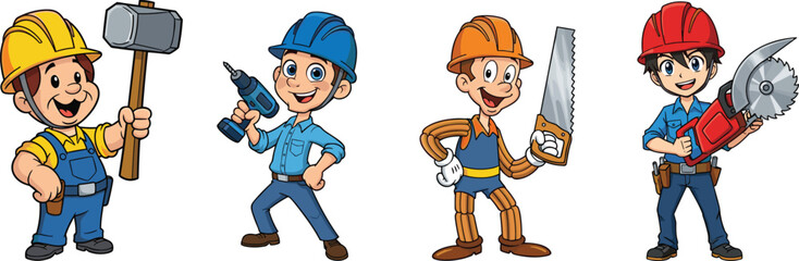 Cartoon construction workers with tools, kids style builder characters, wearing safety helmets, fun illustration for construction, DIY, repair themes