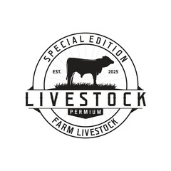 Livestock farm design concept cow logo with black silhouette of cow, design for farm, farmer, brand, business and poster template as icon symbol illustration