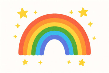 Vibrant arching rainbow with soft clouds and sparkling dots for a cheerful atmosphere