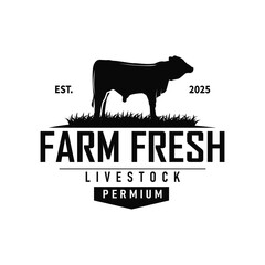 Livestock farm design concept cow logo with black silhouette of cow, design for farm, farmer, brand, business and poster template as icon symbol illustration