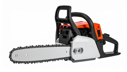 Naklejka premium Render a chainsaw with orange and black motor housing, front and rear handles, and exposed metal guide bar with rotating chain, isolated on white background, emphasizing cutting power and industrial d