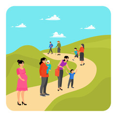 Mother letting go growing child. Pregnant woman, infant, toddler, walking with child, teenager.