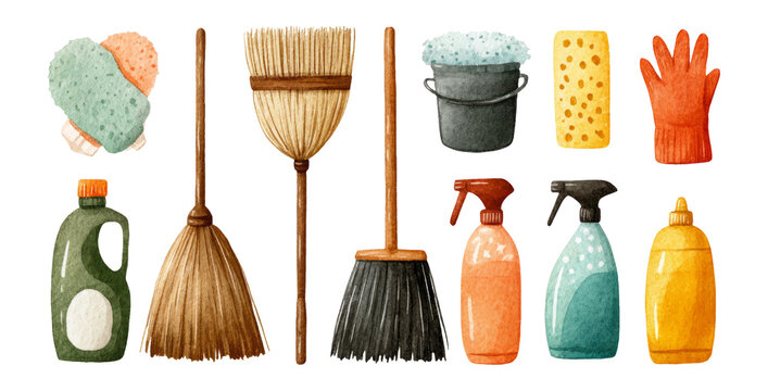 Colorful Illustration of Cleaning Tools and Supplies on Transparent Background