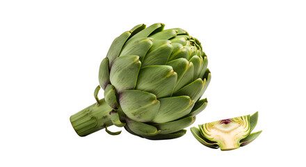 Obraz premium Fresh Green Artichokes with a Sliced Half on a Dark Background