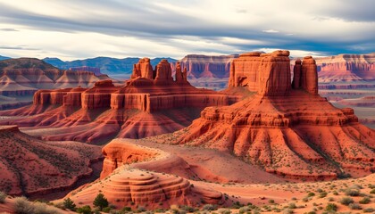 Majestic red rock formations dominate a vast desert landscape under a dramatic, cloudy sky.
