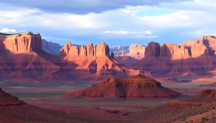 Naklejka premium Panoramic view of majestic red sandstone formations bathed in warm sunlight under a cloudy sky.