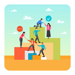 Hands Reaching Together. Team Collaboration and Support on Colorful Steps to Achieve Success.