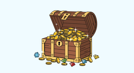 Cartoon illustration of an open treasure chest brimming with gold coins and colorful gems, symbolizing wealth, prosperity, and the exciting reward of success
