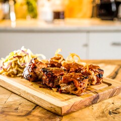 Grilled meat with slaw and onions