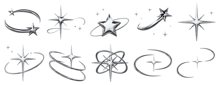 Y2K Silver Chrome Metallic Collection - 3D Shooting Star Orbit Icon Set with Transparent Background, Y2K Glossy Collection