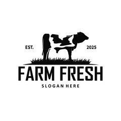 Livestock farm design concept cow logo with black silhouette of cow, design for farm, farmer, brand, business and poster template as icon symbol illustration