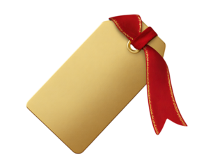 gold tag with red ribbon on white background. 