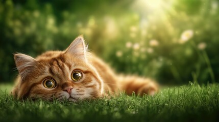 Curiosity and growth in a sunlit garden with a ginger cat gazing intently from lush green grass.