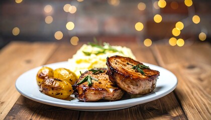 Grilled pork chops with mashed potatoes and roasted potatoes (1)