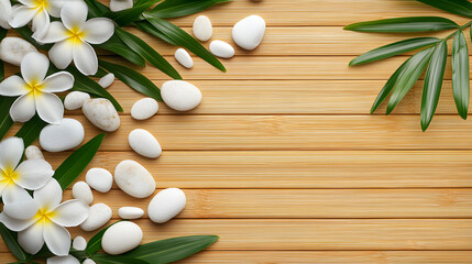 Bamboo wood background with stones and jasmine flowers for spa design background. Spa background illustration.