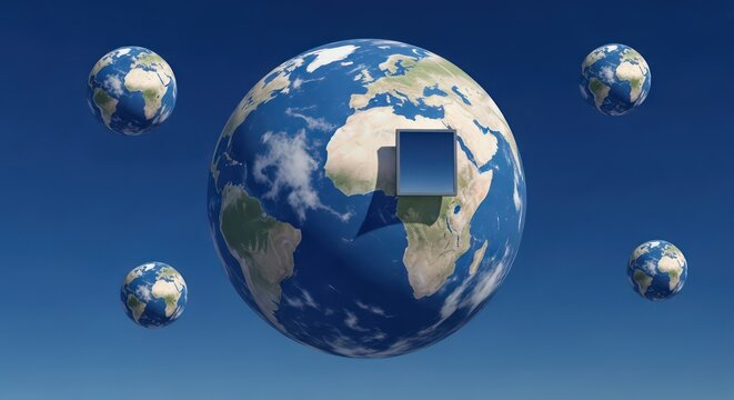 Earths Floating with Square Portal Over Africa in a Blue Sky