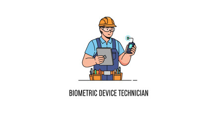 Biometric Device Technician Holding Tablet and Scanner, Vector Illustration