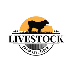 Livestock farm design concept cow logo with black silhouette of cow, design for farm, farmer, brand, business and poster template as icon symbol illustration