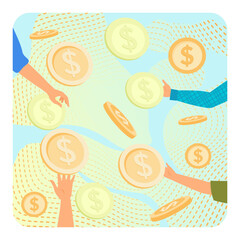 Hands Reaching for Flying Golden Coins Symbolizing Financial Prosperity.