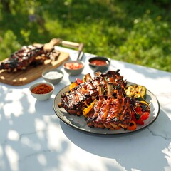 Grilled ribs and vegetables on a plate