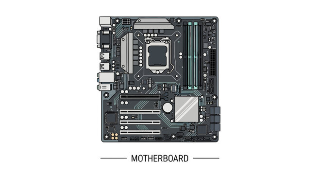 Detailed Vector Illustration of a Computer Motherboard, Highlighting Components and Features, isolated