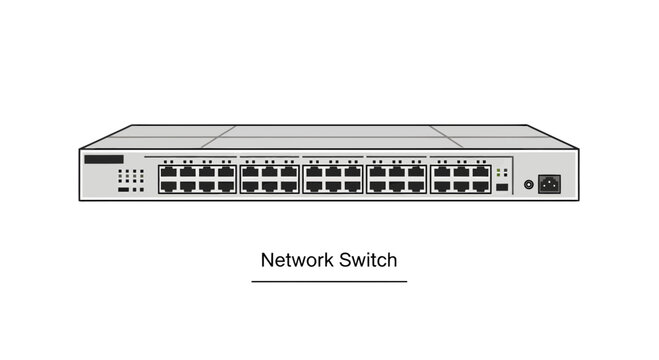Vector illustration of a network switch with multiple ports, depicted in a simple flat design with clean lines on a white background