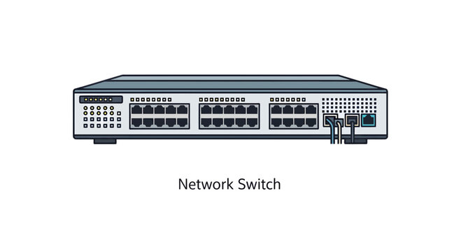 Illustration of a high-performance network switch with multiple Ethernet ports for seamless data transfer
