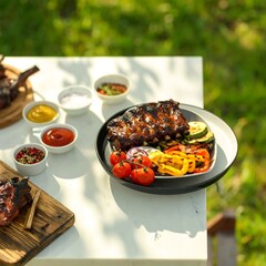 Grilled ribs and vegetables on a table outdoors