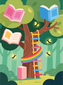 A whimsical treehouse with books and a rainbow, perfect for children's education.