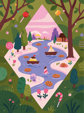 Whimsical River Scene with Sweet Treats and Colorful Nature