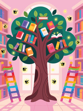A whimsical illustration of a tree laden with books, nestled in a vibrant, pink library.