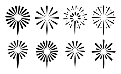Collection of Stylized Firework Burst Icons in Black and White