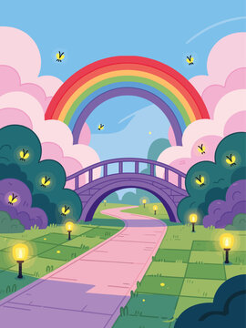 Enchanting pathway under a rainbow, perfect for children's books or whimsical designs.