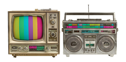 Obraz premium Retro Television and Boombox with Colorful Design on Transparent Background