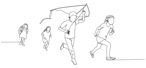 continuous line of a group of small children running around playing kites