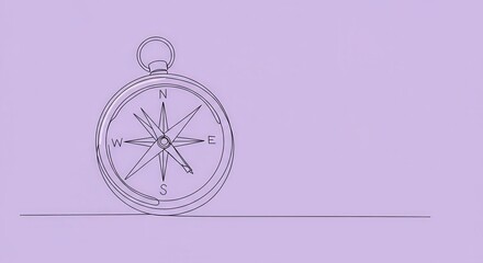 A simple, one-line drawing of a compass on a muted lavender background, highlighting the intricate details of its design against the plain backdrop.