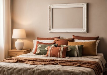 Cozy modern bedroom interior with plush pillows and warm lighting