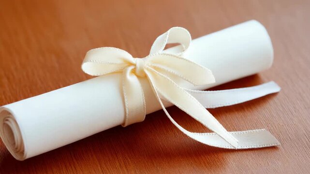Rolled white parchment tied with cream ribbon on wooden surface