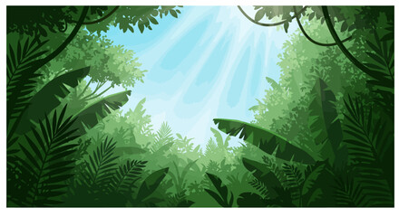 Lush green jungle canopy with various leaves ferns and sunlight streaming through © Zals Images