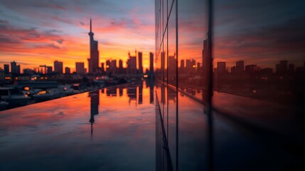 A captivating view of a vibrant sunset over a cityscape, beautifully reflected on the surface of a modern building's exterior.