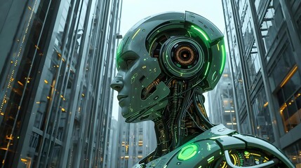 Cybernetic Sentinel: An alluring cyborg in an urban setting with a futuristic look, poised in the heart of a towering city.