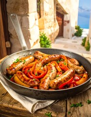 Grilled sausages and peppers in a pan