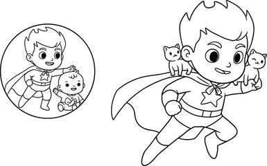 Superhero coloring page, cute hero with kittens, baby hero rescue coloring, kids superhero animal coloring, printable superhero boy coloring sheet